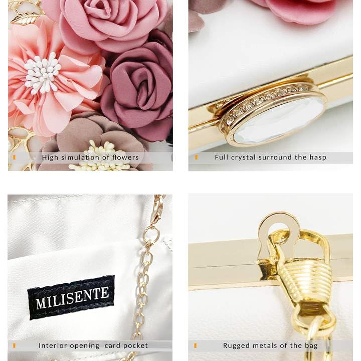 Milisente Evening Bag for Women, Flower Wedding Evening Clutch Purse Bride Floral Clutch Bag(White) - Image 4
